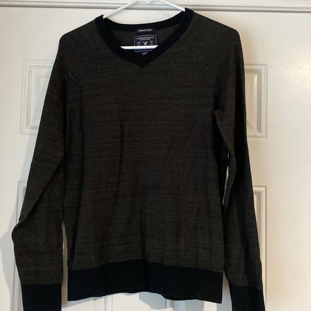 American Eagle VNeck Seriously Soft Dark Green Gray Sweater Size Small
